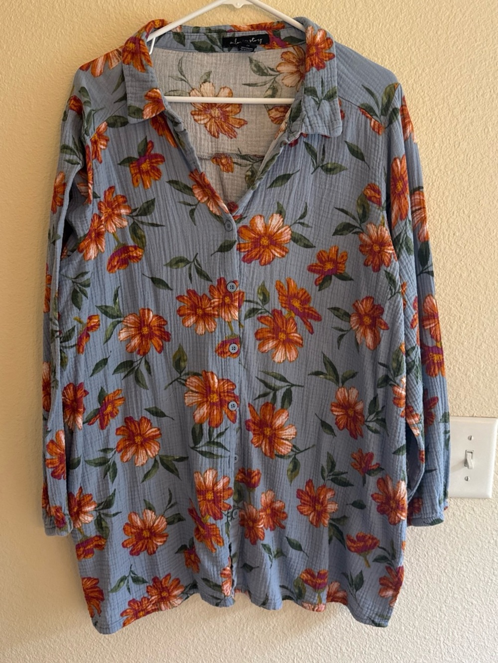 Women's Blue Floral Button-Down Shirt with Orange Blooms